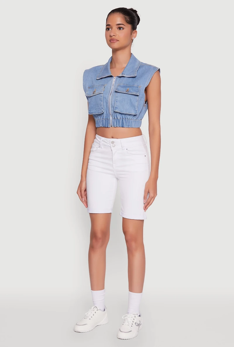 Womens Daisy Sleeveless Cropped Denim Jacket, Blue,
