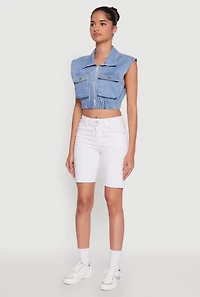 Womens Daisy Sleeveless Cropped Denim Jacket, Blue,