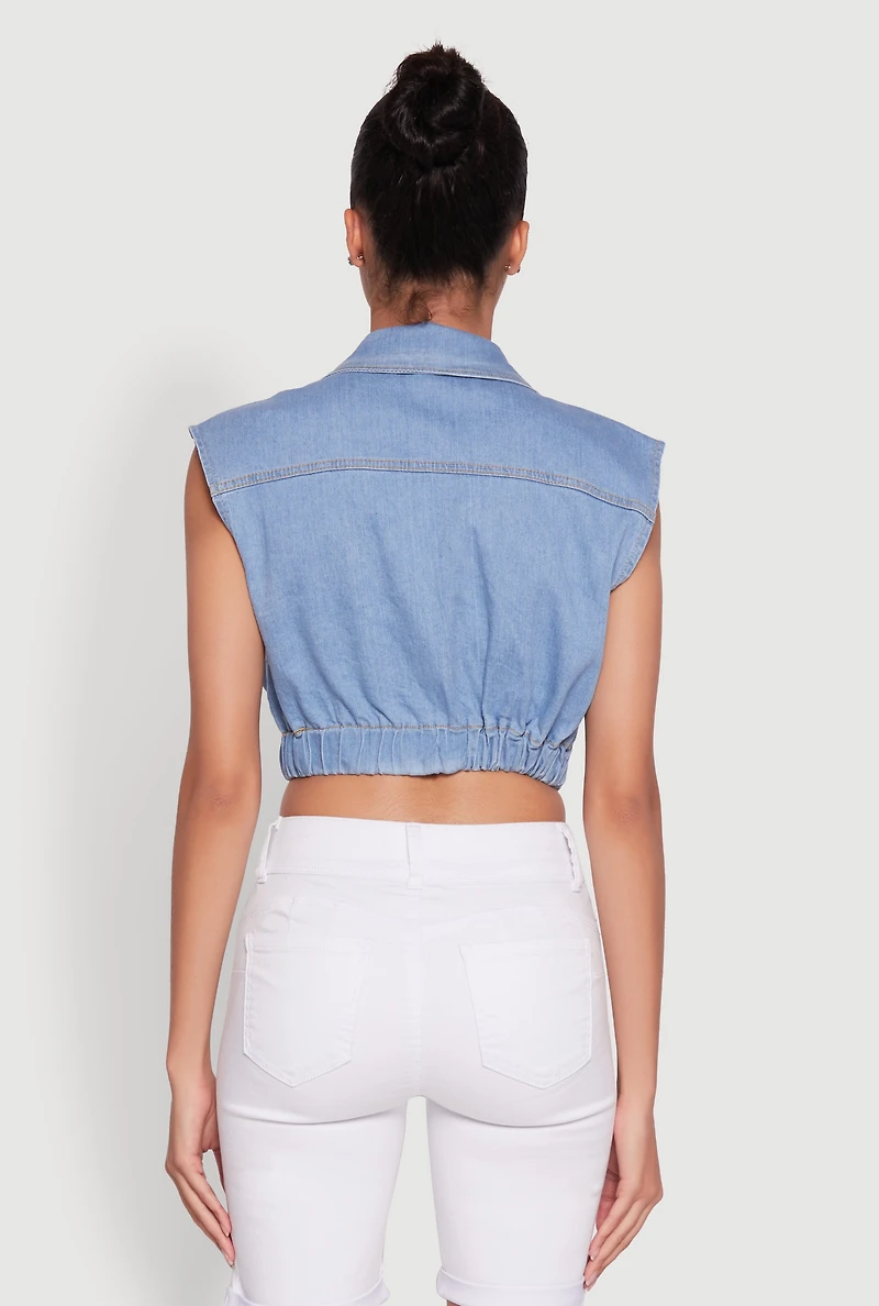 Womens Daisy Sleeveless Cropped Denim Jacket, Blue,