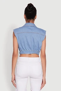 Womens Daisy Sleeveless Cropped Denim Jacket, Blue, Size S