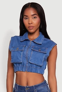 Womens Daisy Sleeveless Cropped Denim Jacket, Blue,