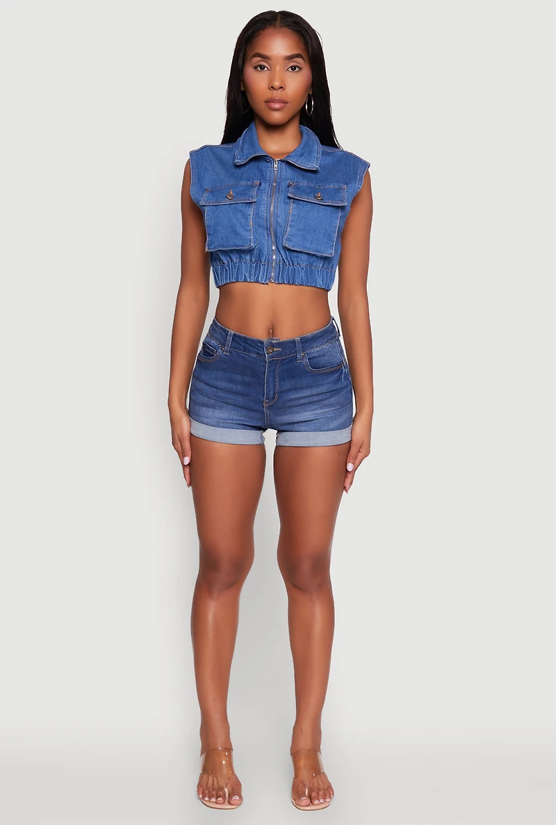 Womens Daisy Sleeveless Cropped Denim Jacket, Blue,