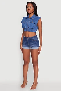 Womens Daisy Sleeveless Cropped Denim Jacket, Blue,