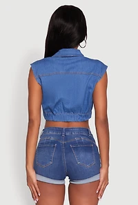 Womens Daisy Sleeveless Cropped Denim Jacket, Blue,