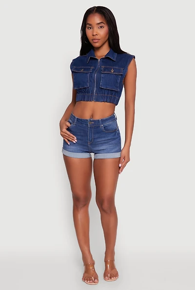 Womens Daisy Sleeveless Cropped Denim Jacket, Blue,