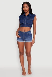 Womens Daisy Sleeveless Cropped Denim Jacket, Blue,