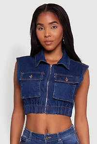 Womens Daisy Sleeveless Cropped Denim Jacket, Blue,