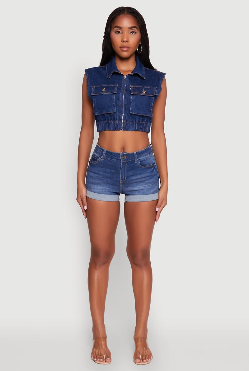 Womens Daisy Sleeveless Cropped Denim Jacket, Blue,