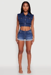 Womens Daisy Sleeveless Cropped Denim Jacket, Blue,