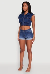 Womens Daisy Sleeveless Cropped Denim Jacket, Blue,