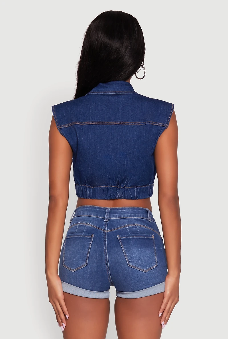 Womens Daisy Sleeveless Cropped Denim Jacket, Blue,