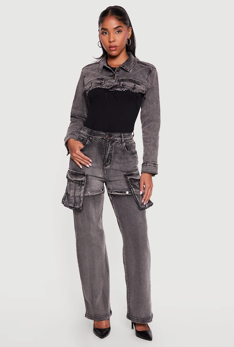 Stone Wash Frayed Denim Bolero Jacket