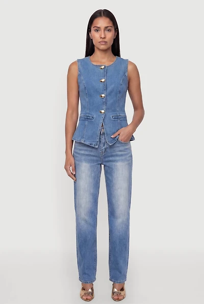 Denim Button Front Crew Neck Vest
