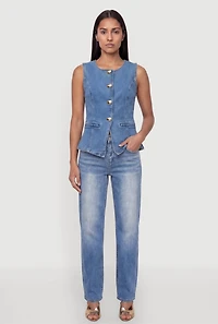 Denim Button Front Crew Neck Vest