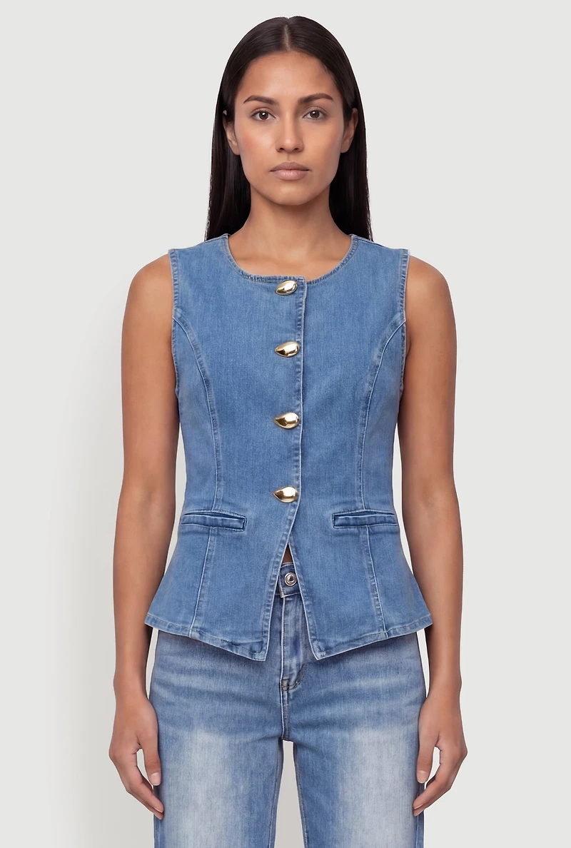 Denim Button Front Crew Neck Vest