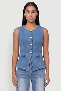 Denim Button Front Crew Neck Vest