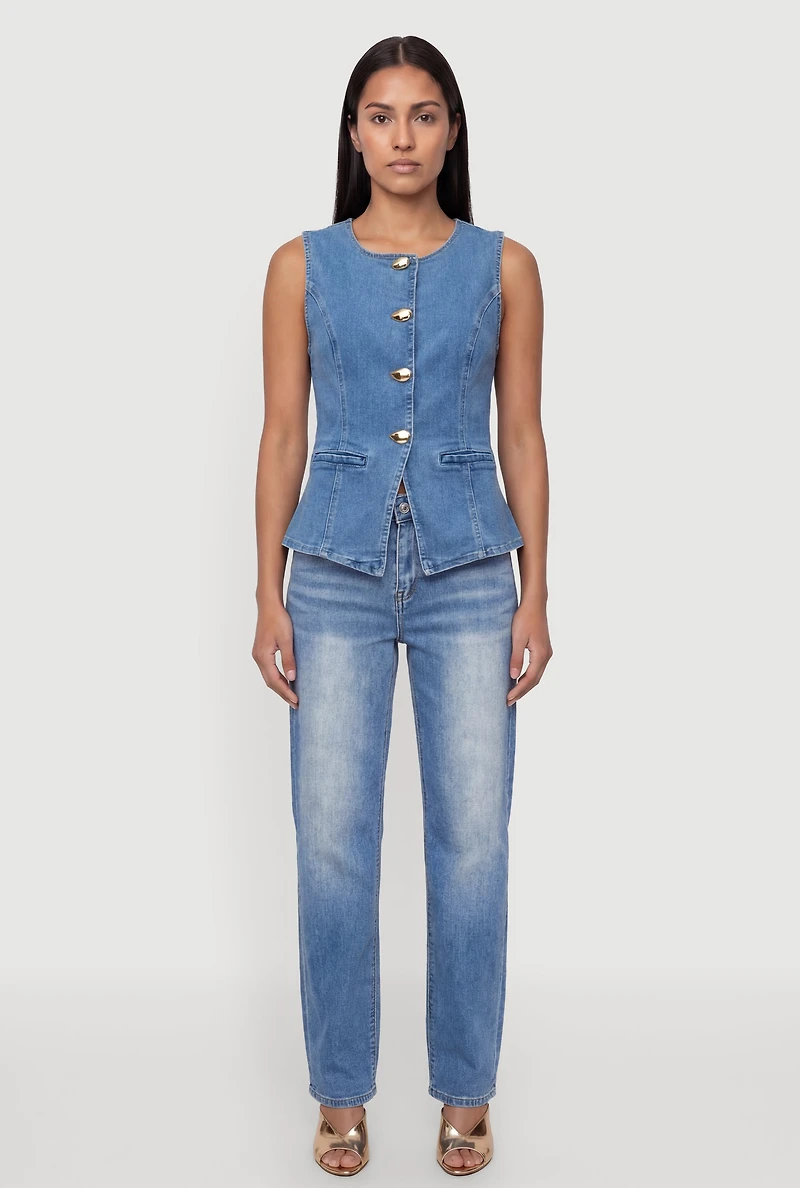 Denim Button Front Crew Neck Vest