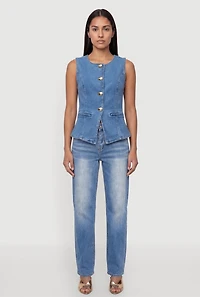 Denim Button Front Crew Neck Vest