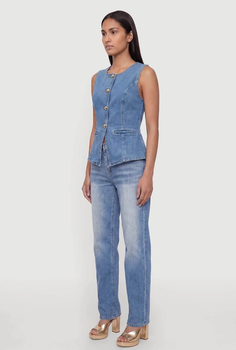 Denim Button Front Crew Neck Vest