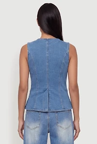 Denim Button Front Crew Neck Vest