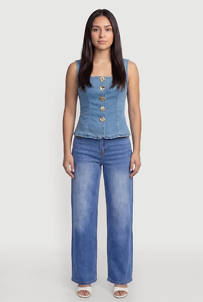 Denim Square Neck Button Front Vest