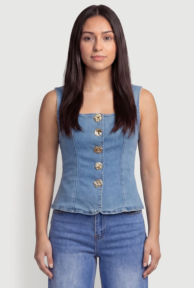 Denim Square Neck Button Front Vest