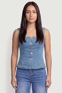 Denim Square Neck Button Front Vest