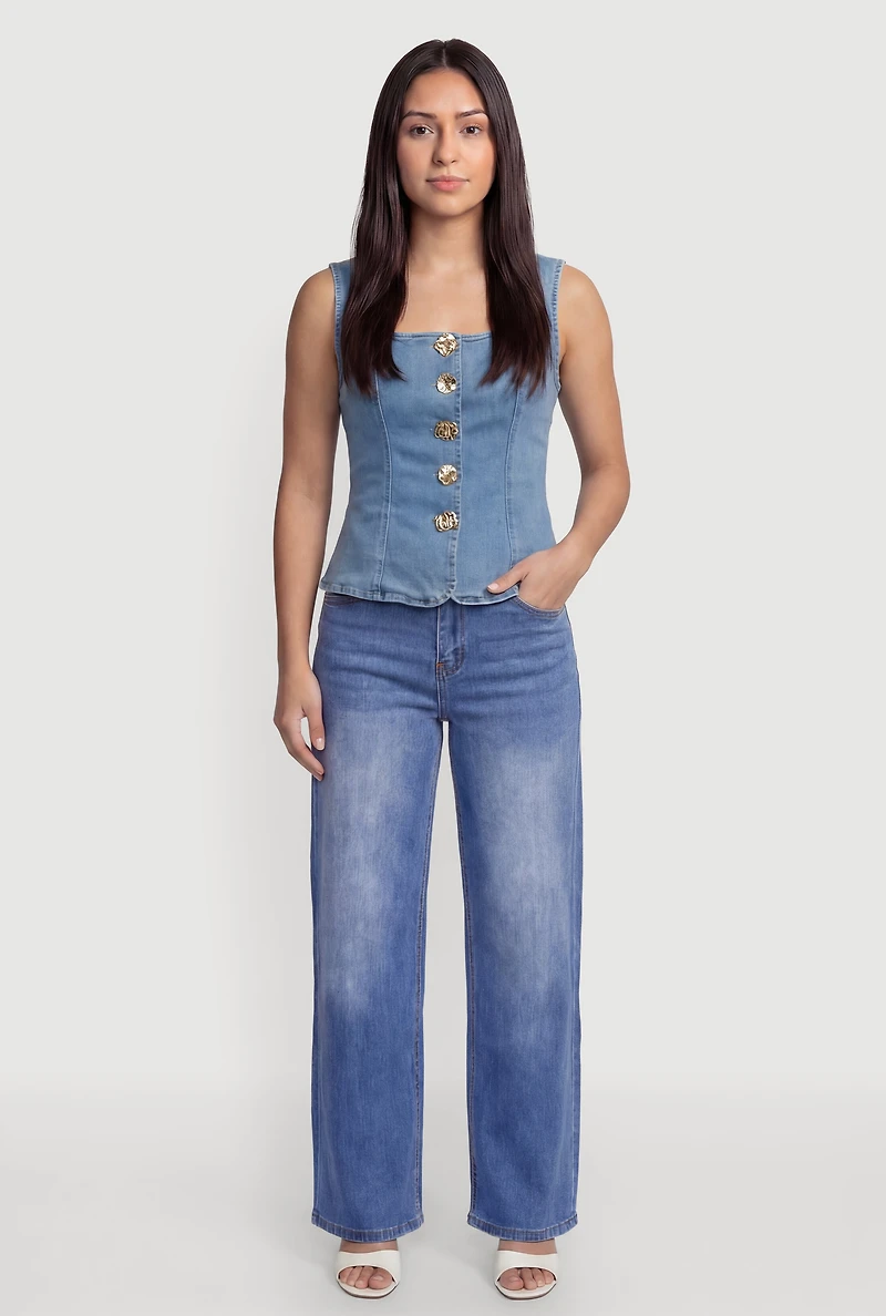 Denim Square Neck Button Front Vest