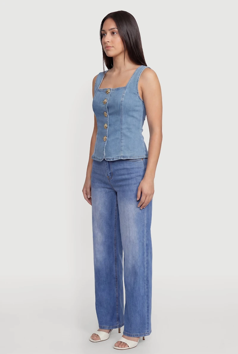 Denim Square Neck Button Front Vest