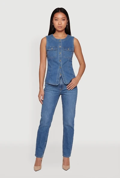 Button Front Slit Denim Vest