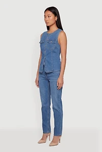 Button Front Slit Denim Vest