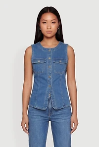 Button Front Slit Denim Vest
