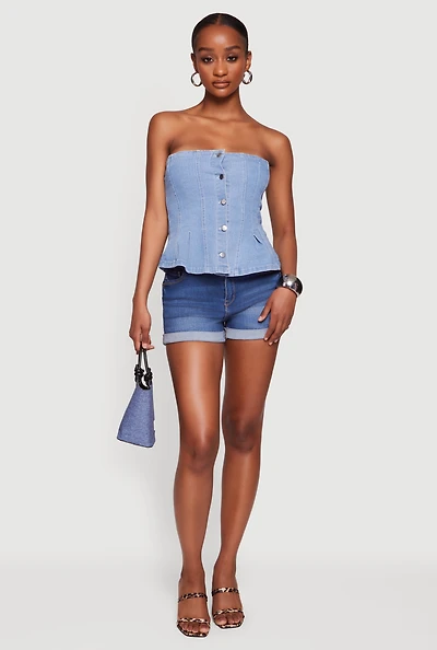 Denim Button Front Peplum Tube Top