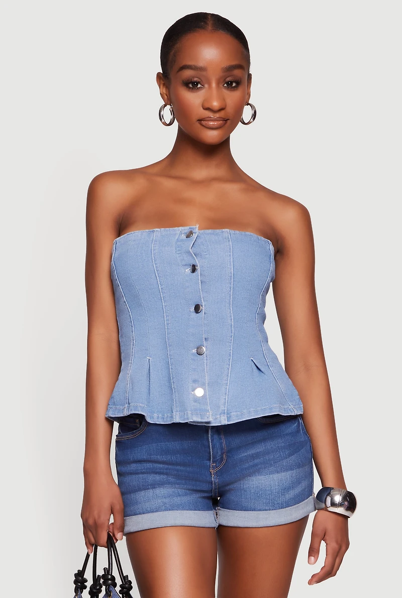 Denim Button Front Peplum Tube Top