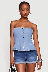 Denim Button Front Peplum Tube Top