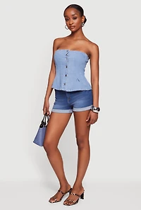 Denim Button Front Peplum Tube Top