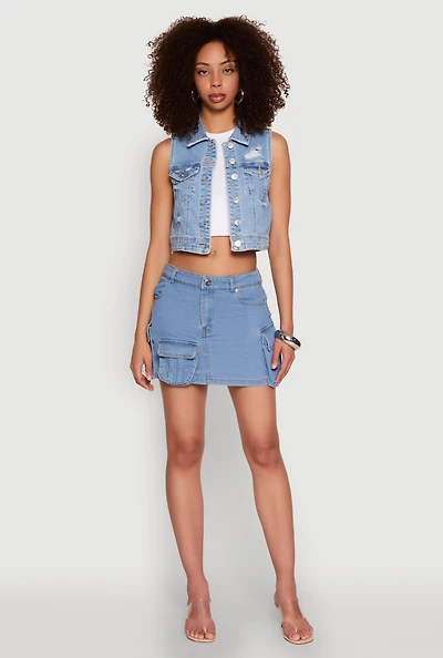 WAX Distressed Button Front Denim Vest