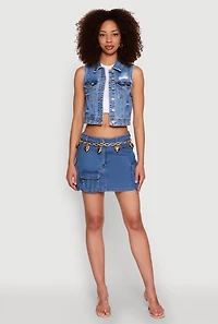 Womens WAX Distressed Button Front Denim Vest, Blue, Size L