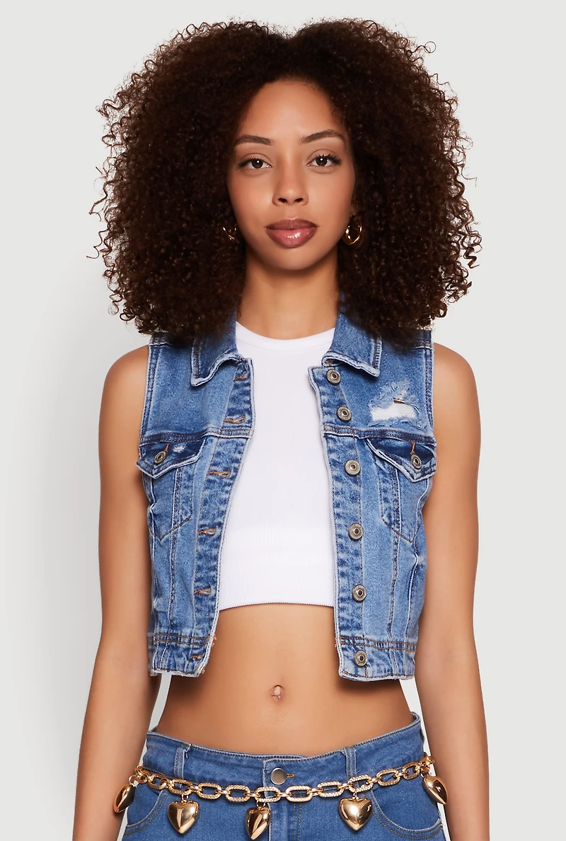 Womens WAX Distressed Button Front Denim Vest, Blue, Size L