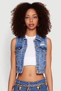 Womens WAX Distressed Button Front Denim Vest, Blue, Size L