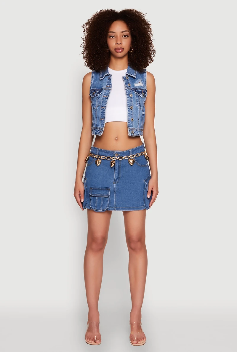 Womens WAX Distressed Button Front Denim Vest, Blue, Size L