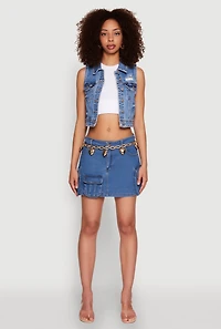 Womens WAX Distressed Button Front Denim Vest, Blue, Size L