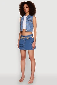 Womens WAX Distressed Button Front Denim Vest, Blue, Size L