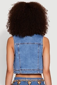 Womens WAX Distressed Button Front Denim Vest, Blue, Size L