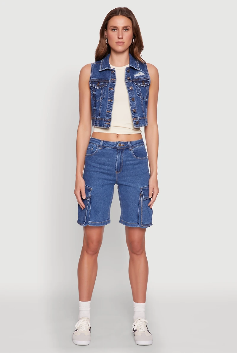 Womens WAX Distressed Button Front Denim Vest, Blue, Size S