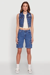 Womens WAX Distressed Button Front Denim Vest, Blue, Size S