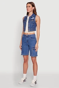 Womens WAX Distressed Button Front Denim Vest, Blue,