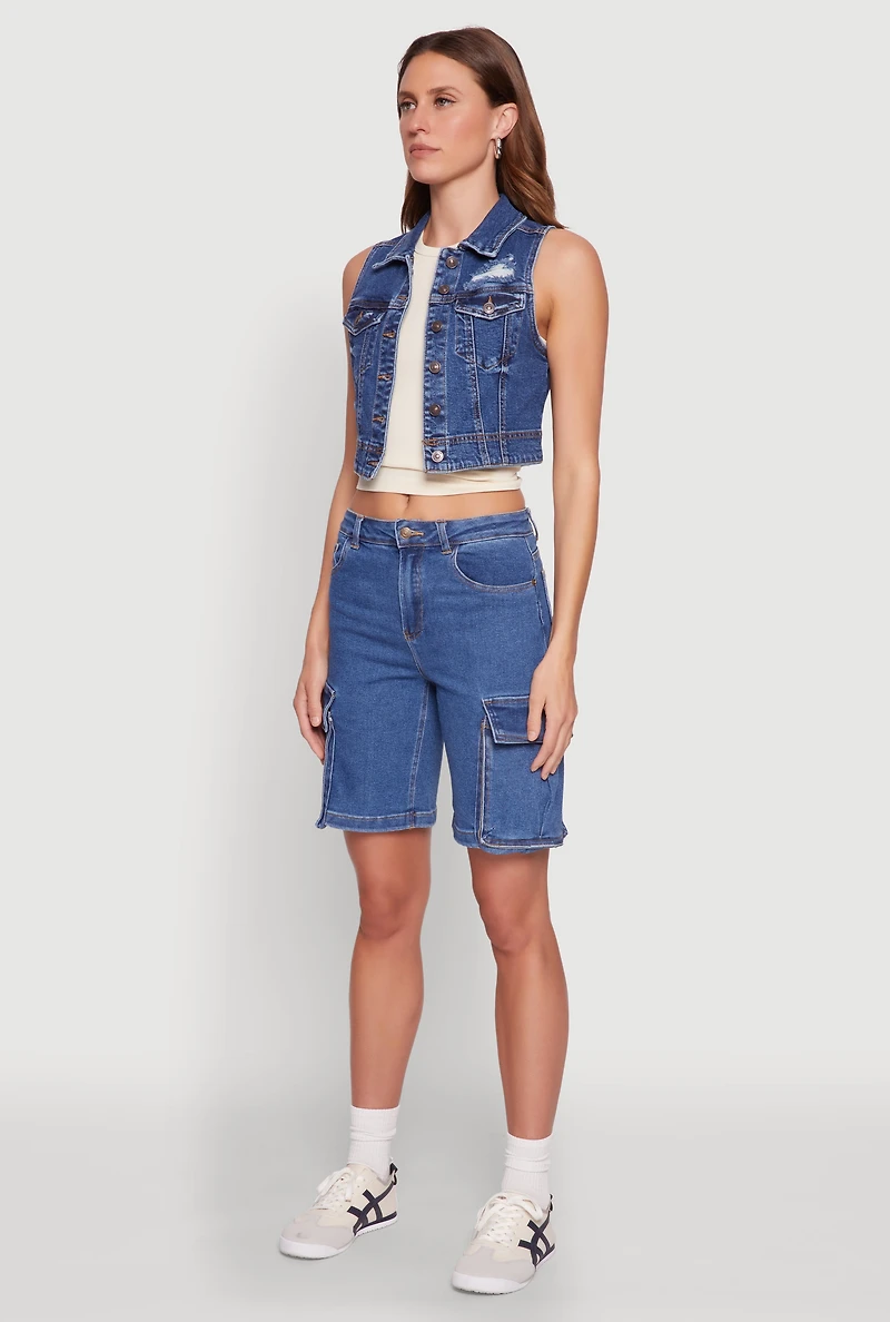 Womens WAX Distressed Button Front Denim Vest, Blue, Size S