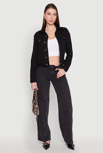 Womens Almost Famous Distressed Jean Jacket, Black, Size M