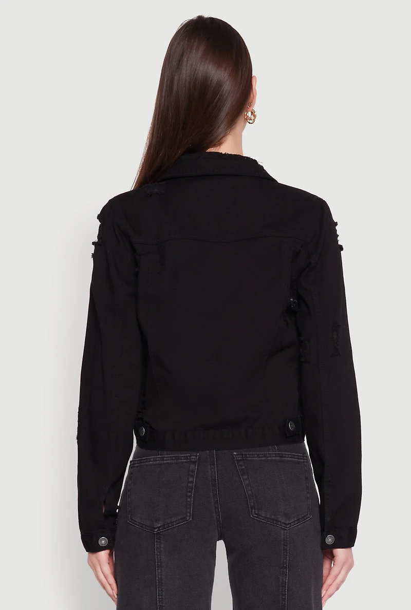 Womens Almost Famous Distressed Jean Jacket, Black, Size S